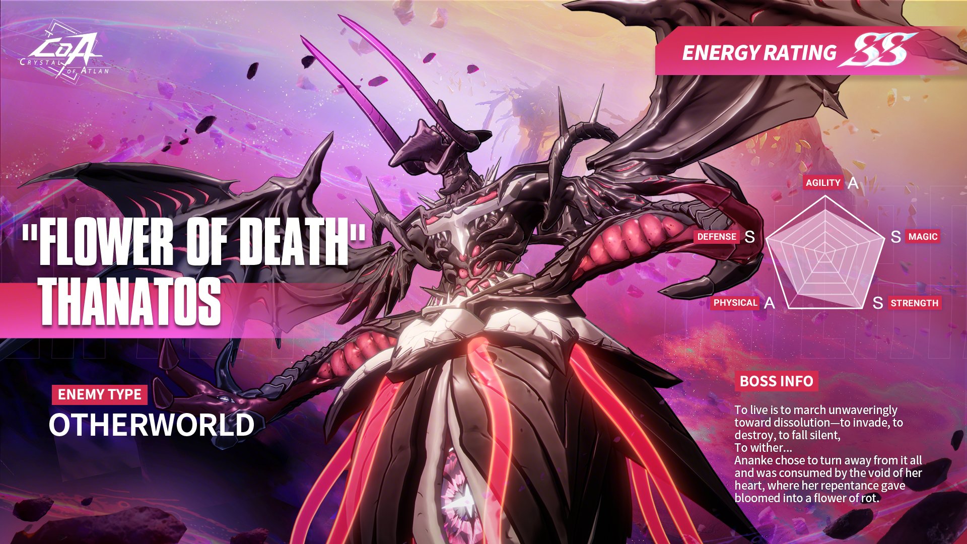 Thanatos, the Death Flower — the boss's red first form looming over the raid arena.