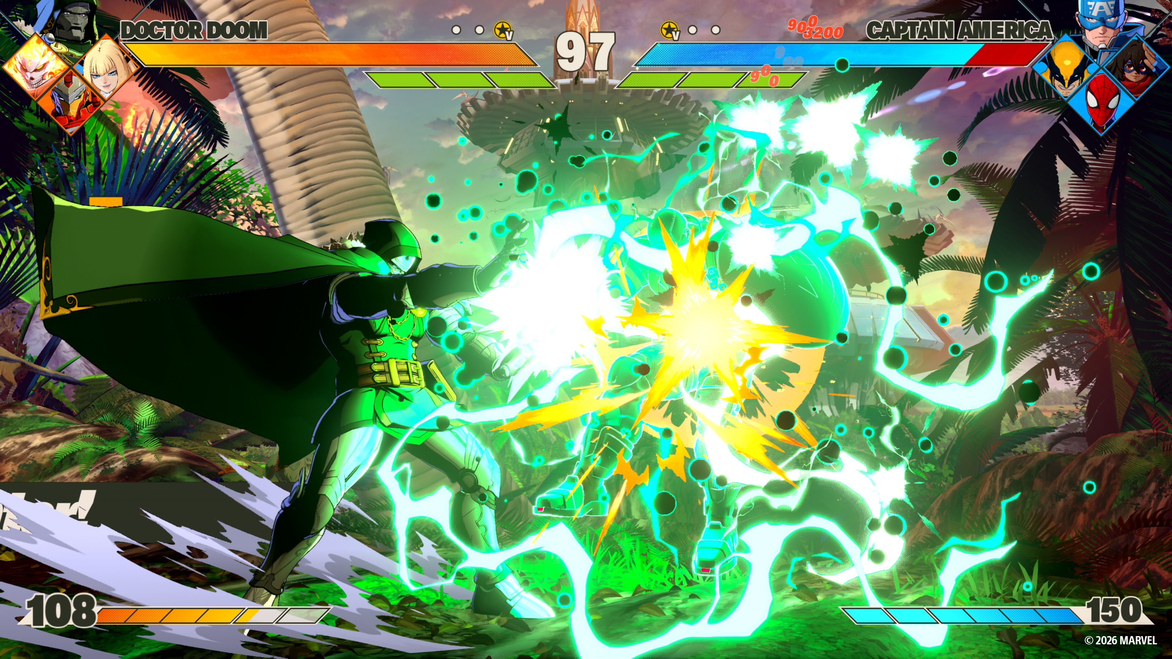 Doctor Doom fires a blast of green energy at Captain America in Marvel Tokon: Fighting Souls
