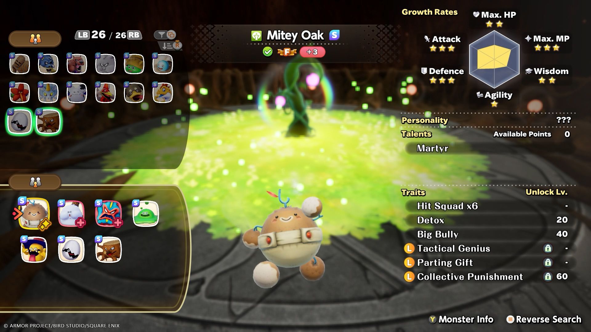 The synthesis screen in Dragon Quest Monsters: The Withered World showing Mitey Oak