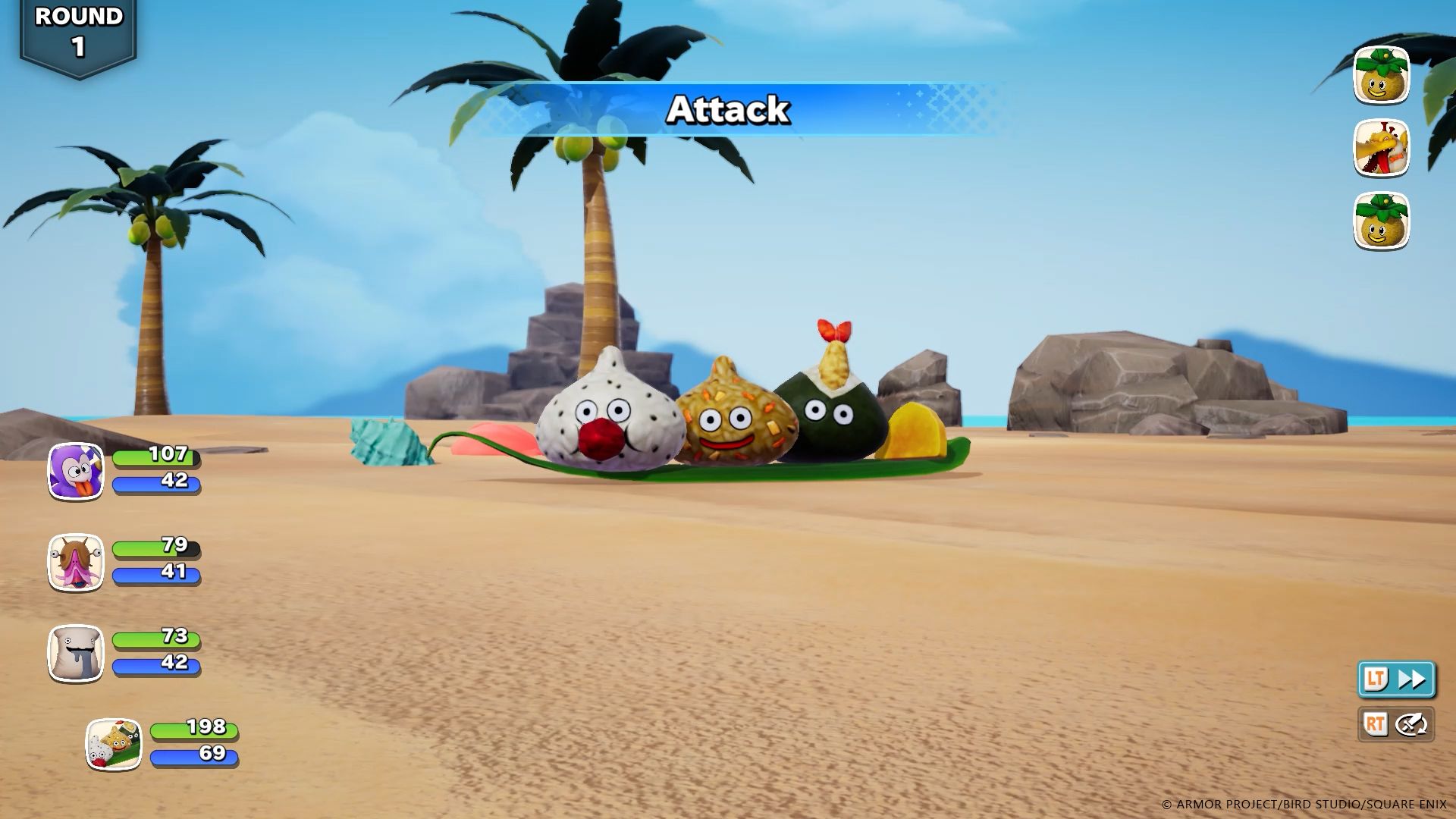 The Slime Balls trio fighting on a beach in Dragon Quest Monsters: The Withered World